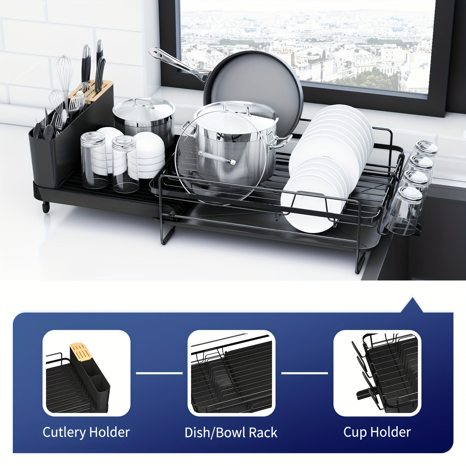 Adjustable Extendable Shelves Dish Drying Rack 19.2''-26.7'' | Stainless Steel Rustproof & Fingerprint-Free Design, Anti-Slip Silicone Caps + Cutlery/Cup Shelves, Countertop Drainboard For Kitchenware Organization