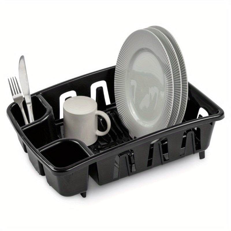 All-in-One Dish Rack and Drainboard with Inclined Base - Heavy-Duty Black Space-Saving Dish Drying Rack with 10 Plate Holders, 8 Cup Holders & Utensil Rack, Elevated Feet for Sink, Compact Design for Small Kitchens, Dishwasher-Safe & Easy Assembly, Angled
