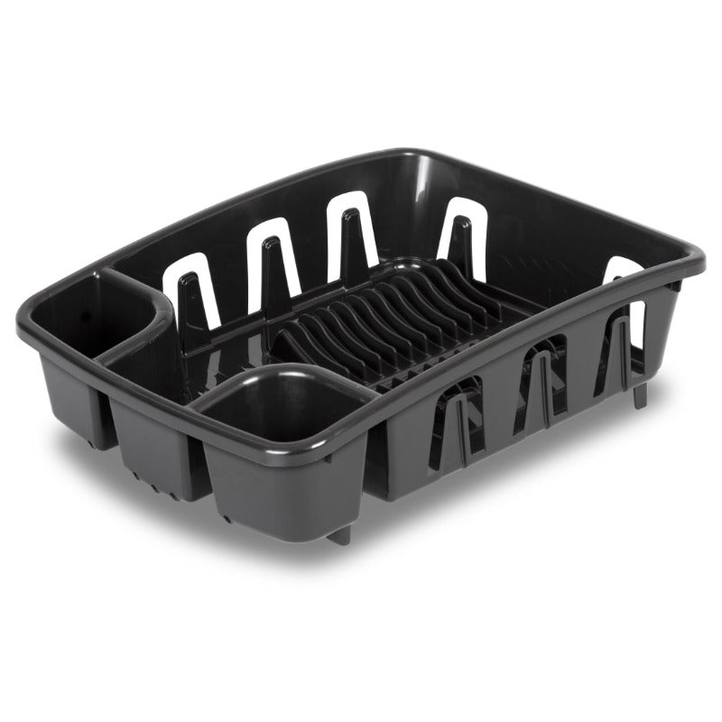 All-in-One Dish Rack and Drainboard with Inclined Base - Heavy-Duty Black Space-Saving Dish Drying Rack with 10 Plate Holders, 8 Cup Holders & Utensil Rack, Elevated Feet for Sink, Compact Design for Small Kitchens, Dishwasher-Safe & Easy Assembly, Angled
