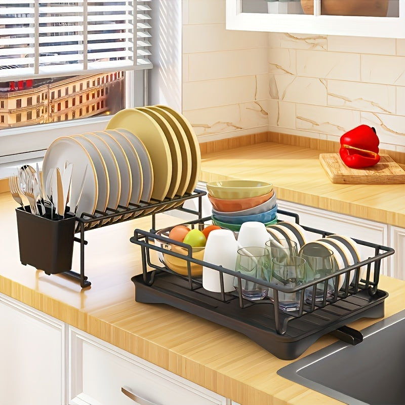 1pc Metal 1/2-Layer Bowl & Dish Rack - Space-Saving Countertop Organizer with Drain Basket, Chopsticks Holder & Cutlery Storage for Home & Restaurant Kitchen Sink Areas, Contemporary Kitchenware, Efficient Water Drainage