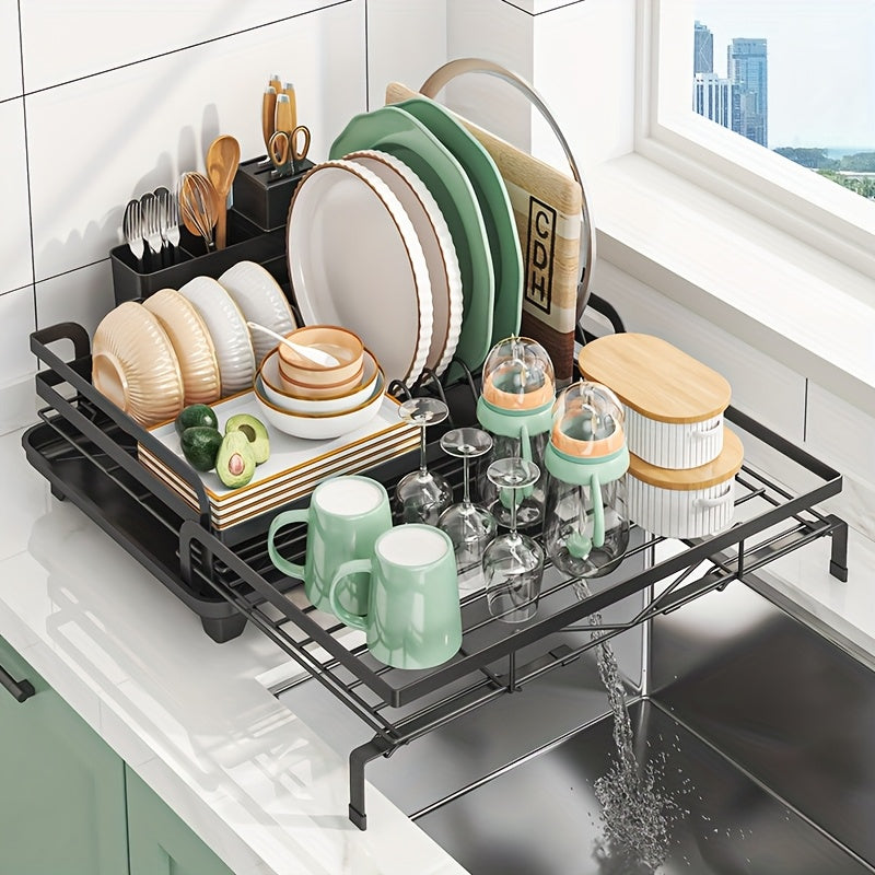 2-in-1 Expandable Rust-Resistant Metal Dish Drying Rack with Pan Slots, Utensil Holder, and Drainboard for Space-Saving Kitchen Counter and Sink Organization