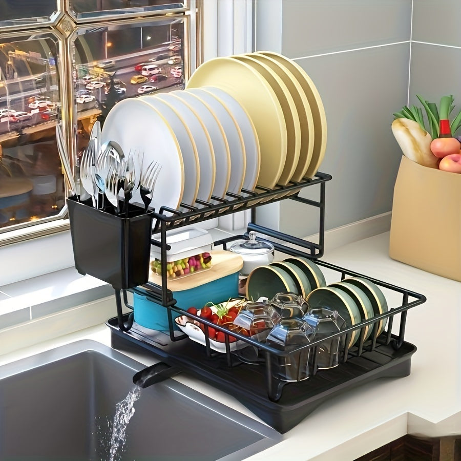 1pc Metal 1/2-Layer Bowl & Dish Rack - Space-Saving Countertop Organizer with Drain Basket, Chopsticks Holder & Cutlery Storage for Home & Restaurant Kitchen Sink Areas, Contemporary Kitchenware, Efficient Water Drainage