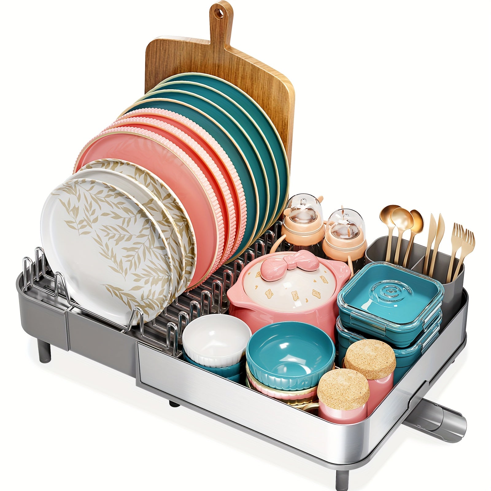 KINGRACK Extendable Dish Drying Rack, Stainless Steel Dish Rack with Dual Parts, Dish Rack for Kitchen Counter, Movable Utensil Drainer & Adjustable Drainage Spout