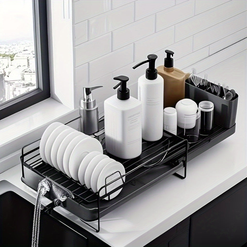 Adjustable Extendable Shelves Dish Drying Rack 19.2''-26.7'' | Stainless Steel Rustproof & Fingerprint-Free Design, Anti-Slip Silicone Caps + Cutlery/Cup Shelves, Countertop Drainboard For Kitchenware Organization