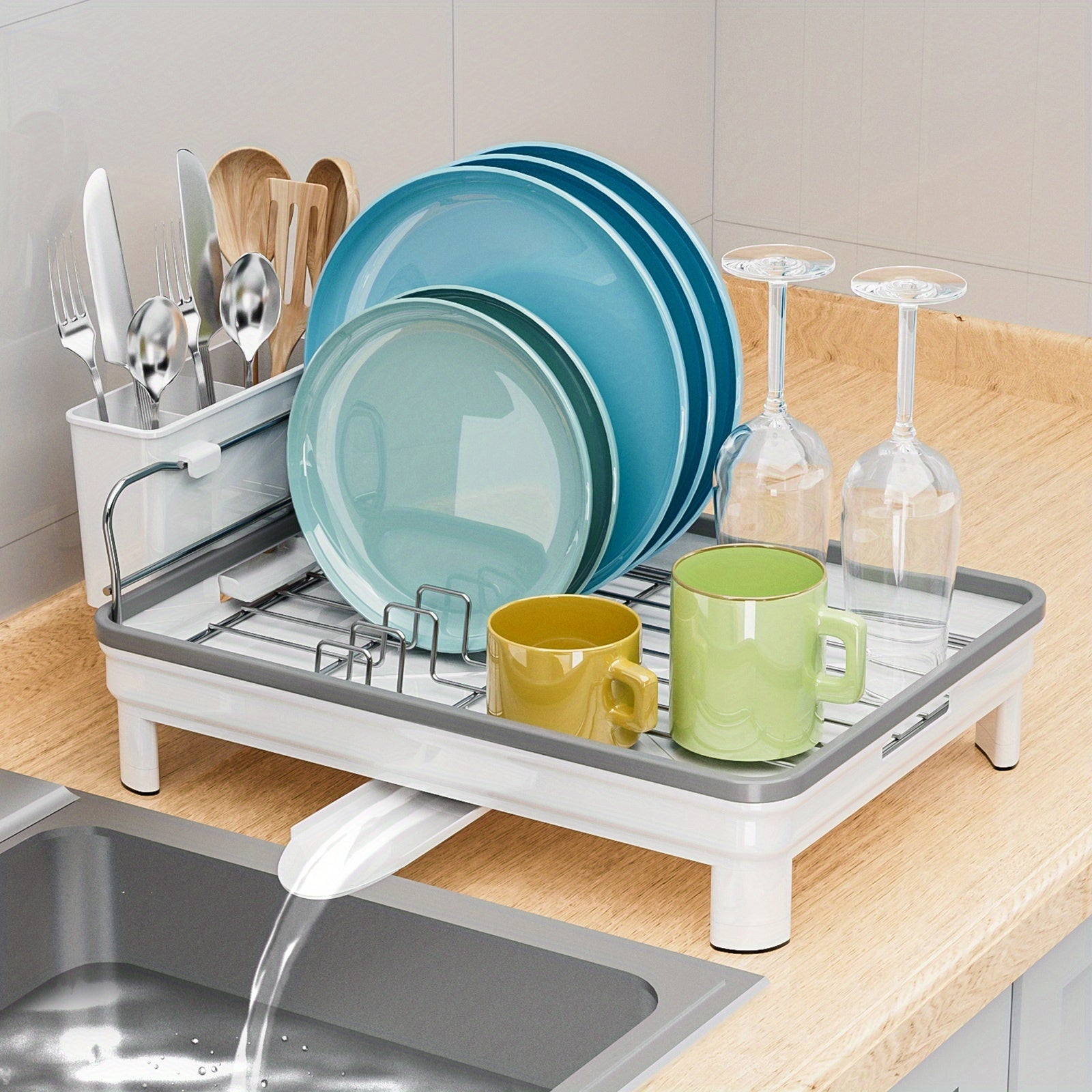 [Retractable Dish Rack] SANDREAM 1pc Multifunctional Retractable Dish Draining Rack | Anti-Rust Plastic & Metal Kitchen Organizer with Cutlery & Cup Holders, Space-Saving Countertop Drying Mat for Modern Homes, Sturdy Construction, Dish Drying Rack