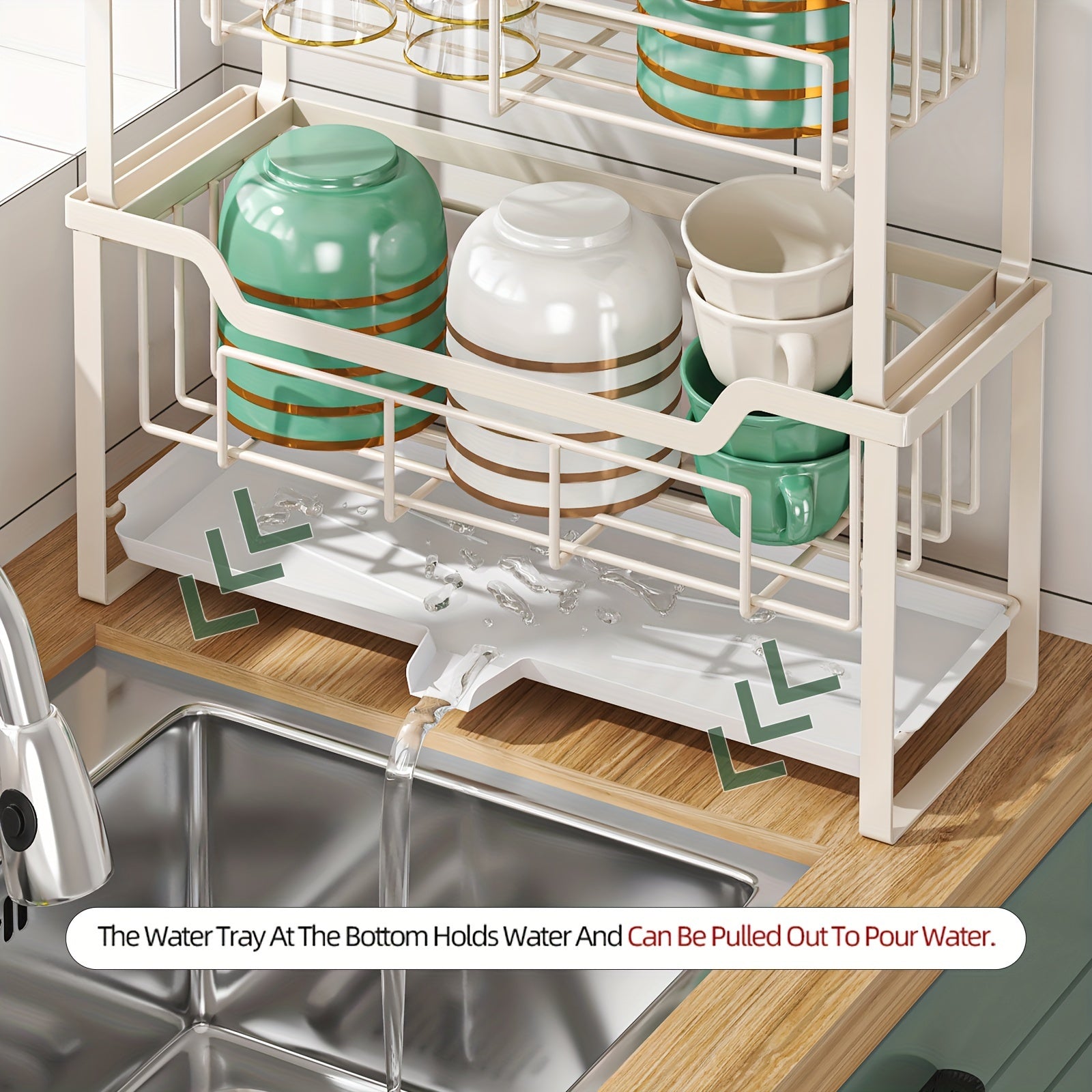 Space-Saving Dish Rack with Drain Tray, Hooks & Utensil Holders - Multifunctional Kitchen Organizer for Dishes, Cups, Knives, Forks & Chopsticks