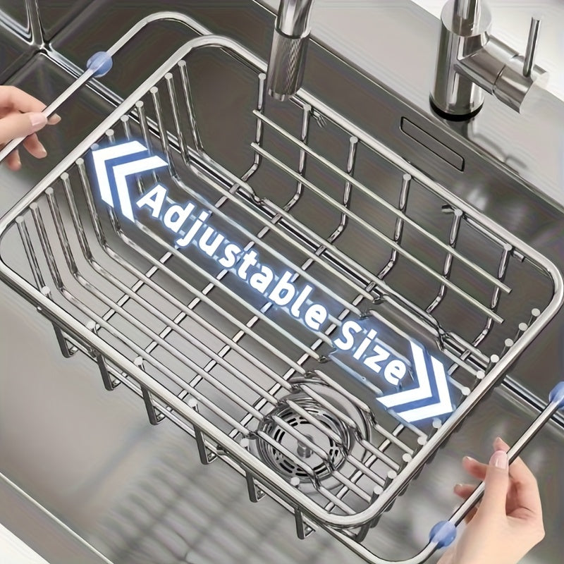 Stainless Steel Adjustable Sink Draining Basket Extensible Drainer Rack For Kitchen Sinks, Dish And Utensil Organizer For Dishwashing, A Must Have For Every Home Kitchen