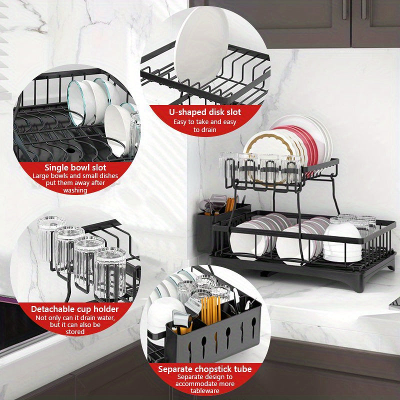 Double Dish Rack for Double Countertops Is Here! It Has a Unique 360° Drainage Function, Tableware Can Dry Quickly. The Drain Tray with The Cutlery Rack And 4 Cup Holders Is Placed Directly Above The Sink, Whether It Is a Dish Or a Cup, It Can Easily