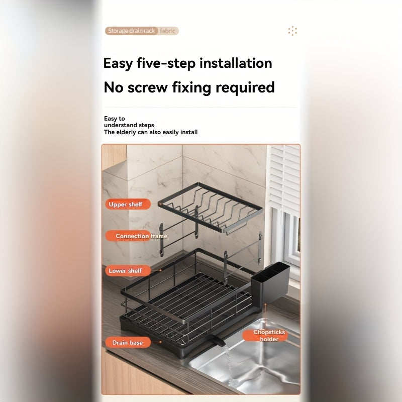 [Modern Dish Drying Rack] Extra Large 2-Tier Stainless Steel Dish Drying Rack for Kitchen Countertop | Utensil Organizer with Holder, Spoon Rest & Plate Storage - Black, Modern Durable Kitchenware