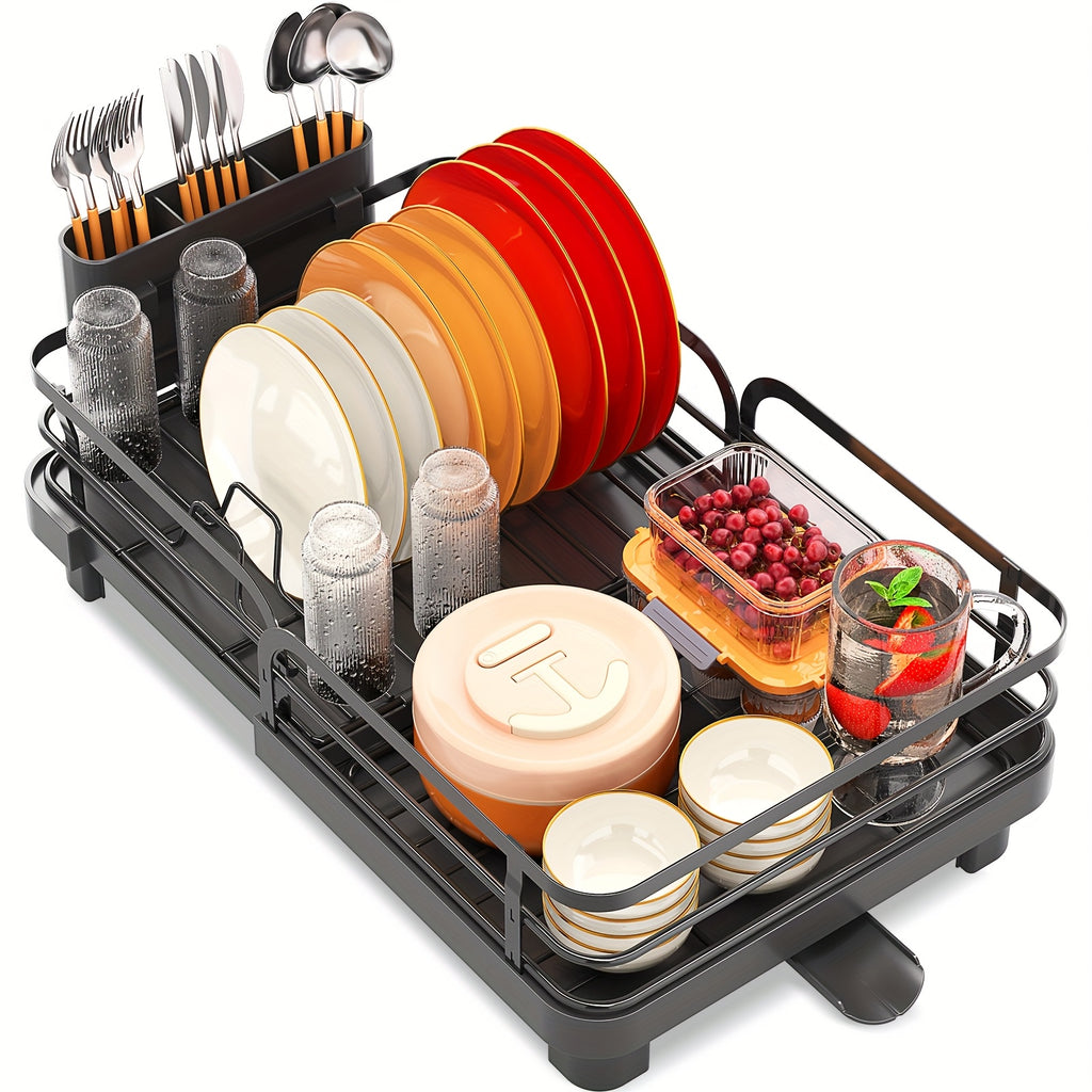 KINGRACK Expandable Dish Drying Rack, Extendable Dish Rack with Spout, Collapsible Dish Dryer Black, Large Dish Drainer for Kitchen Counter, Foldable Dish Drainer Drying Rack with Cutlery Holder