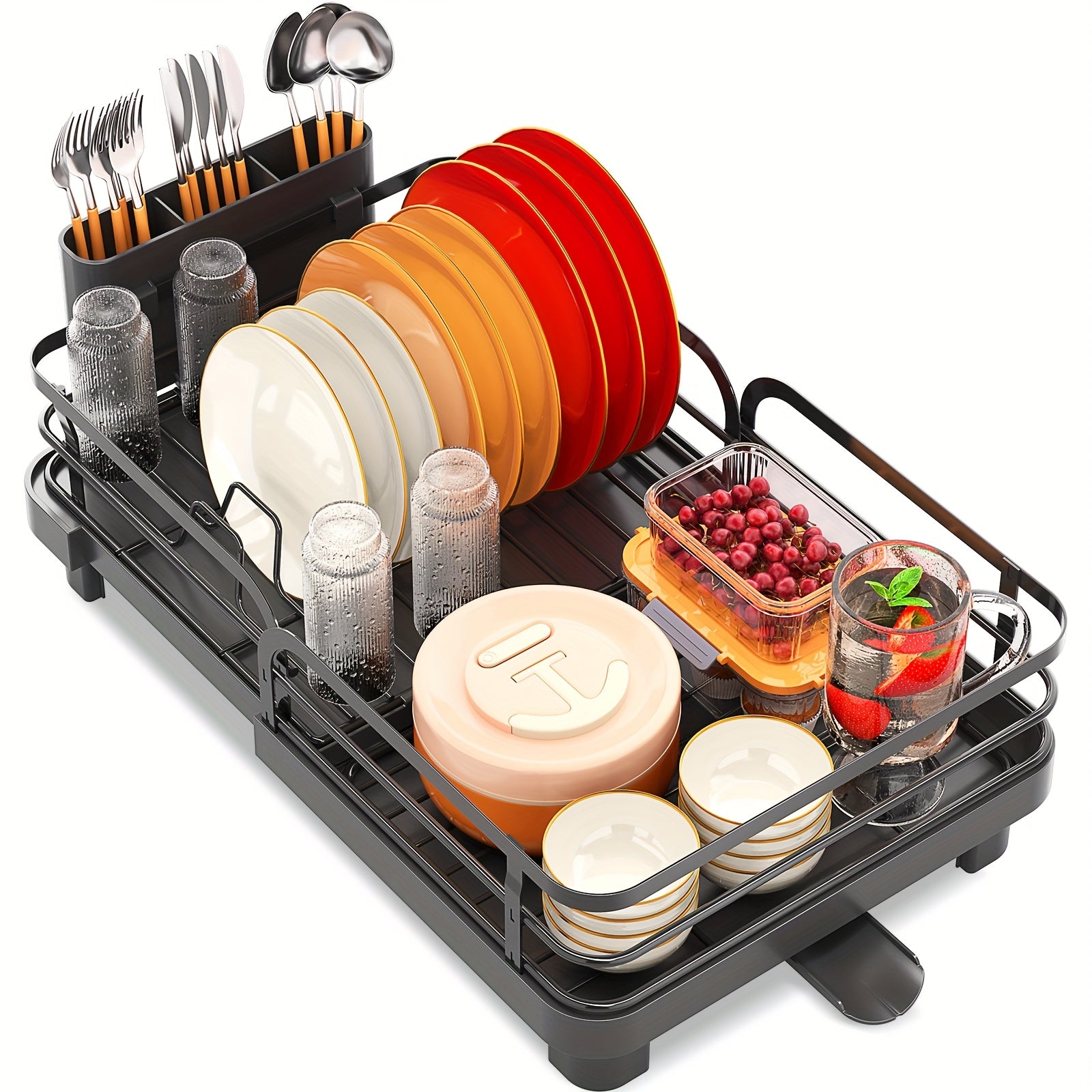 KINGRACK Expandable Dish Drying Rack, Extendable Dish Rack with Spout, Collapsible Dish Dryer Black, Large Dish Drainer for Kitchen Counter, Foldable Dish Drainer Drying Rack with Cutlery Holder