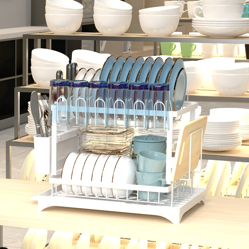 2 Layers Dish Drain Rack For Kitchen Countertop - Golden Type Dish Drain Rack With Knife Cup & Cutlery Rack - Stainless Steel - Suitable for Kitchen Organization & Retail Display - Perfect Gift for Housewarming