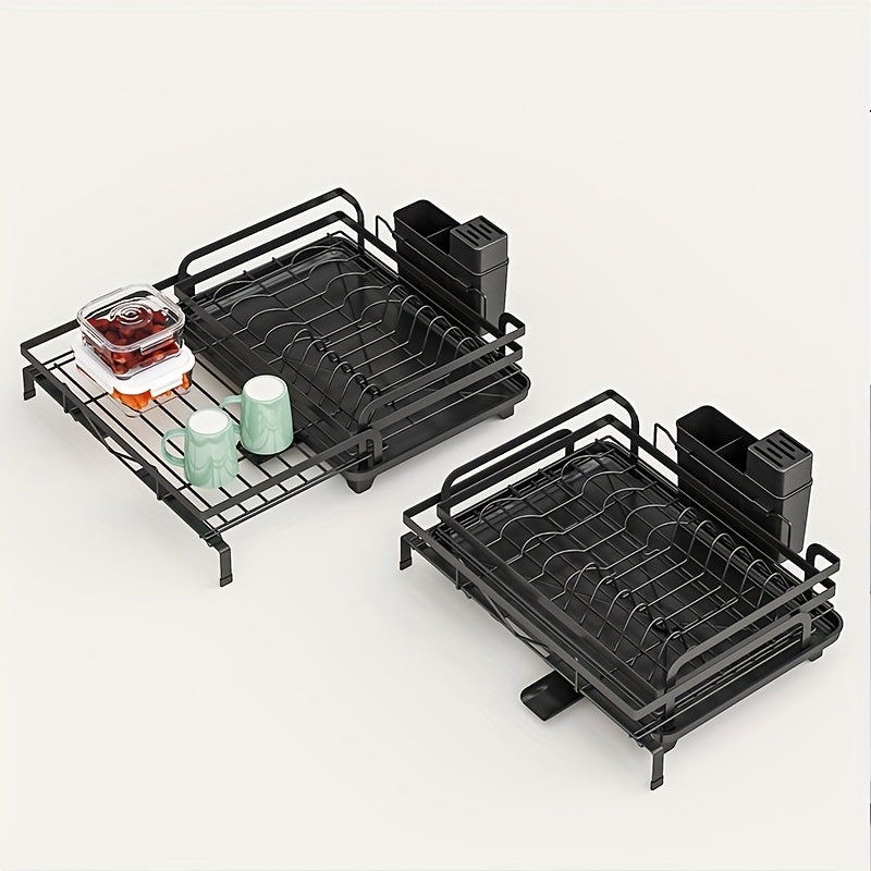 2-in-1 Expandable Rust-Resistant Metal Dish Drying Rack with Pan Slots, Utensil Holder, and Drainboard for Space-Saving Kitchen Counter and Sink Organization