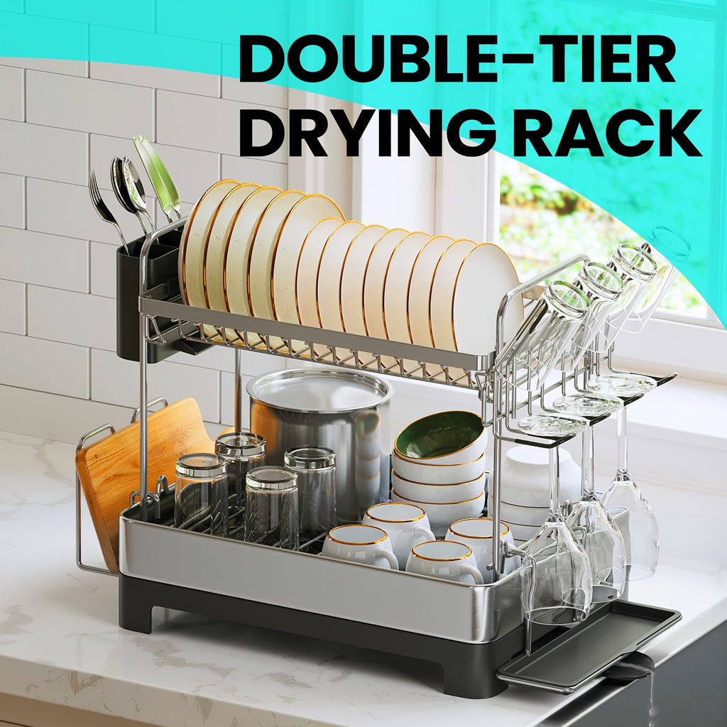 [Space-Saving Dish Rack] 2 Tier Dish Drying Rack - Space-Saving Dish Rack With Rotatable Drain Spout, Extendable Drain Spout, For Utensils, Cups, Glasses, Cutting Boards, And Easy To Assemble, New Year Gift, Valentine's Day Gift