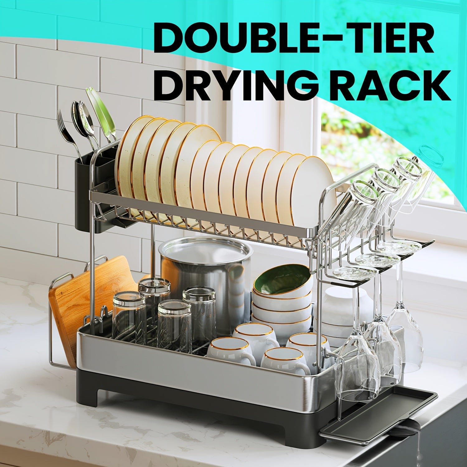 [Space-Saving Dish Rack] 2 Tier Dish Drying Rack - Space-Saving Dish Rack With Rotatable Drain Spout, Extendable Drain Spout, For Utensils, Cups, Glasses, Cutting Boards, And Easy To Assemble, New Year Gift, Valentine's Day Gift