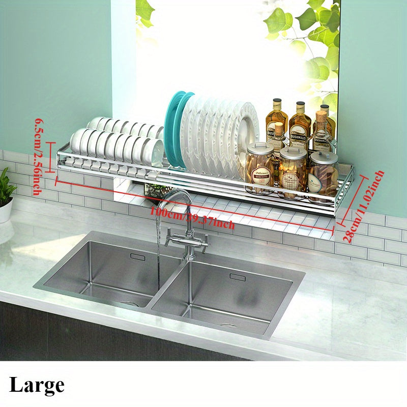 1pc Heavy-Duty Foldable Dish Drying Rack - Space-Saving Wall or Countertop Organizer with Utensil Hooks, Plates, Cups - Sturdy Stainless Steel Construction for Modern Kitchens - Easy to Clean & Rust-Resistant, Kitchen Organization, Sleek Kitchen