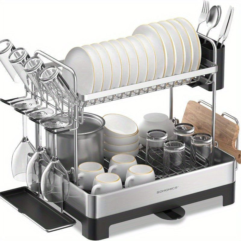 [Space-Saving Dish Rack] 2 Tier Dish Drying Rack - Space-Saving Dish Rack With Rotatable Drain Spout, Extendable Drain Spout, For Utensils, Cups, Glasses, Cutting Boards, And Easy To Assemble, New Year Gift, Valentine's Day Gift