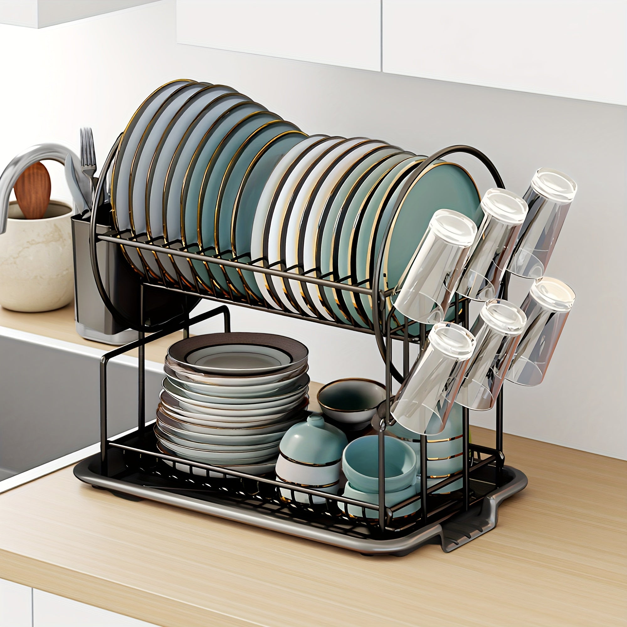 1pc Dish Drying Rack 2 Tier, Black Dish Rack With DrainBoard For Kitchen Countertop, Dish Drainer With Utensil Holder And Cup Holder | Space Saving | Roud Shape Decorate | Black