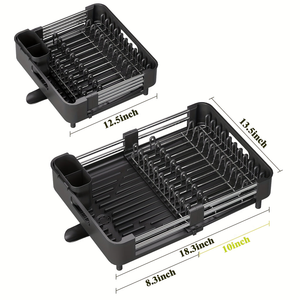 [Adjustable KINGRACK Rack] KINGRACK Adjustable Dish Drying Rack | Extendable, Two-Tiered with Non-Scratch Drainers, Movable Utensil Holder, and Drainage Spout | Ideal for Plates, Bowls, Cups & Pots, Dish Drying Rack for Kitchen Counter