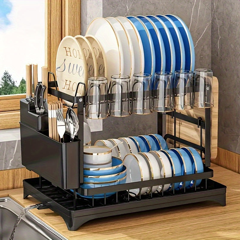 2 Layers Dish Drain Rack For Kitchen Countertop - Golden Type Dish Drain Rack With Knife Cup & Cutlery Rack - Stainless Steel - Suitable for Kitchen Organization & Retail Display - Perfect Gift for Housewarming