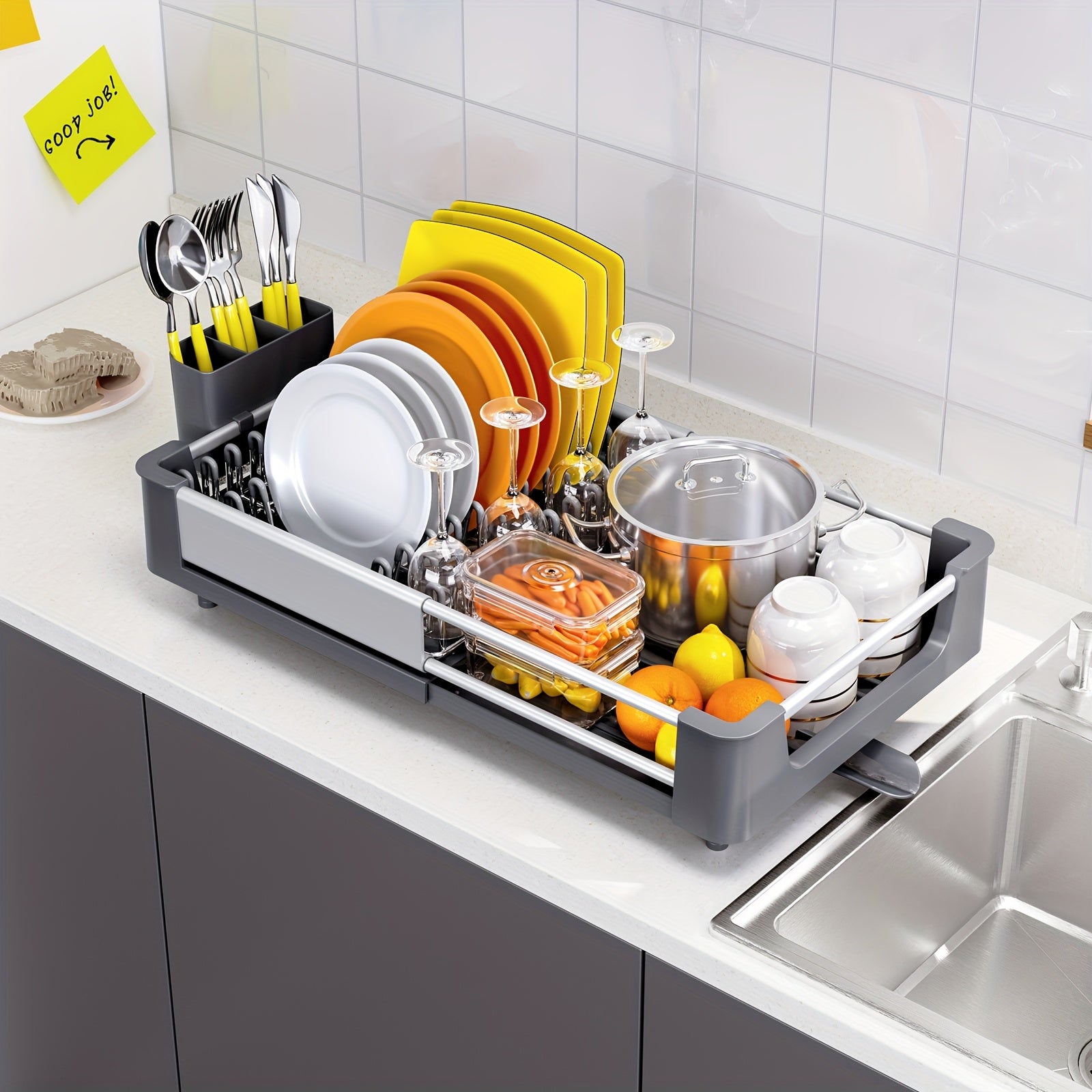 [Expandable Dish Rack] KINGRACK Expandable Foldable Dish Drying Rack | Adjustable Space-Saving Aluminum Kitchen Organizer, Compact Storage, Grey, Sleek Modern Design | Efficient Water Drainage