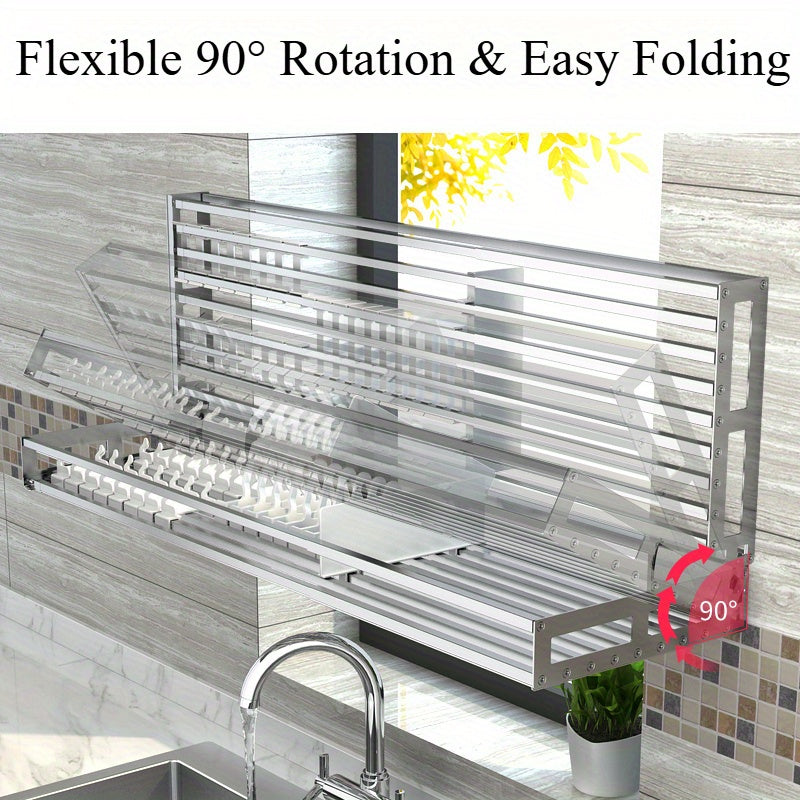 1pc Heavy-Duty Foldable Dish Drying Rack - Space-Saving Wall or Countertop Organizer with Utensil Hooks, Plates, Cups - Sturdy Stainless Steel Construction for Modern Kitchens - Easy to Clean & Rust-Resistant, Kitchen Organization, Sleek Kitchen