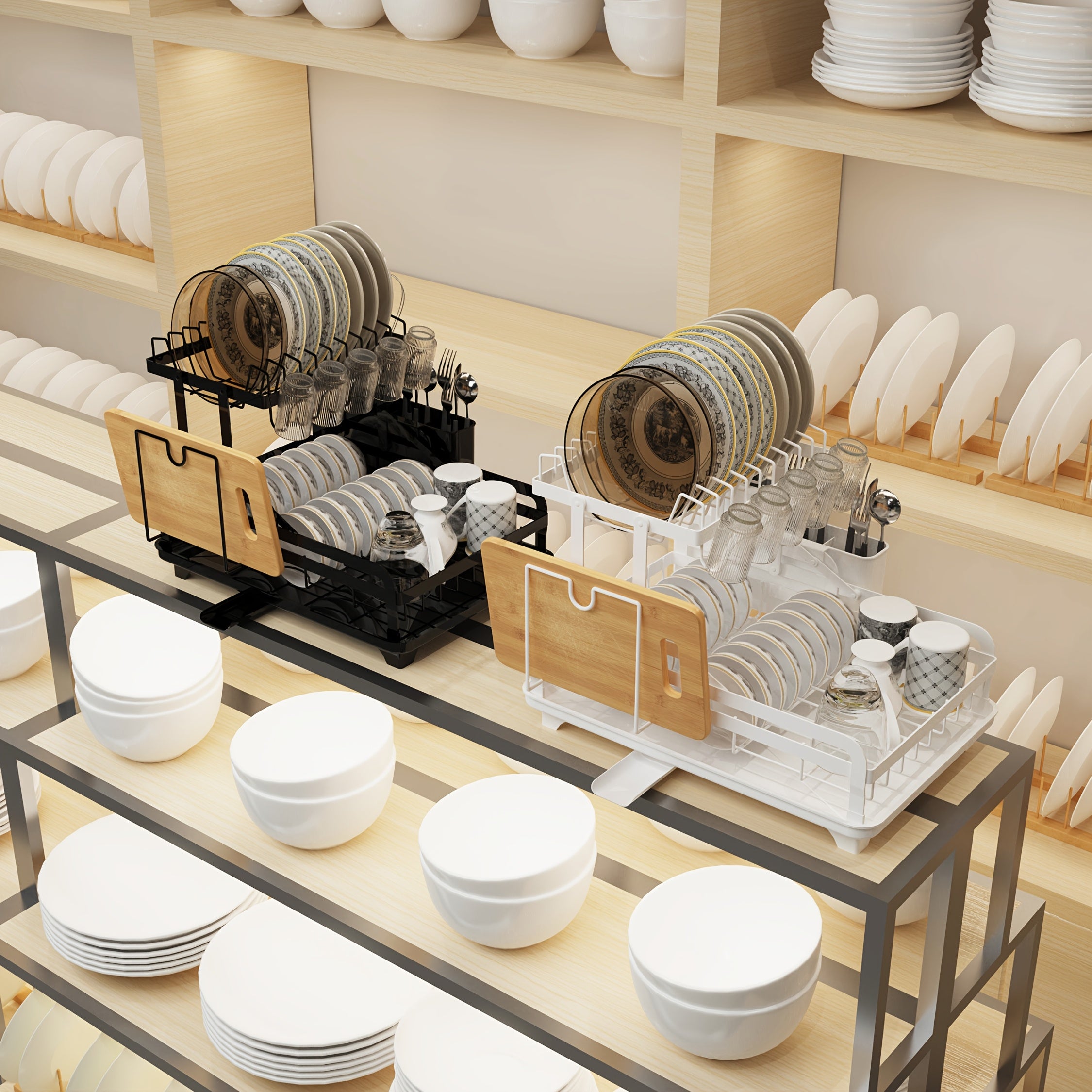 2 Layers Dish Drain Rack For Kitchen Countertop - Golden Type Dish Drain Rack With Knife Cup & Cutlery Rack - Stainless Steel - Suitable for Kitchen Organization & Retail Display - Perfect Gift for Housewarming