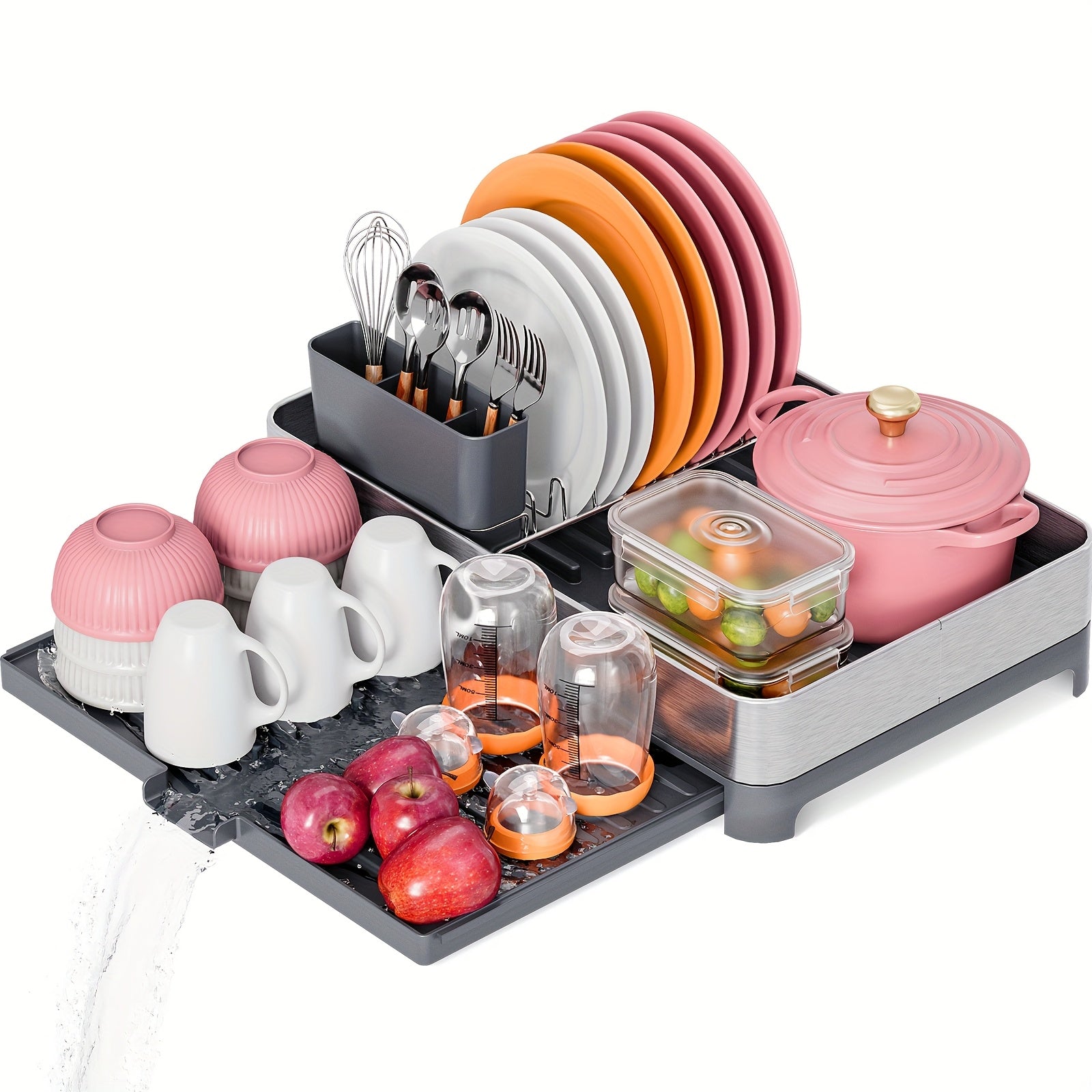 [Stainless Steel Dish Rack] 304 Stainless Steel Dish Drying Rack - Versatile with Cup Holder and Cutlery Holder