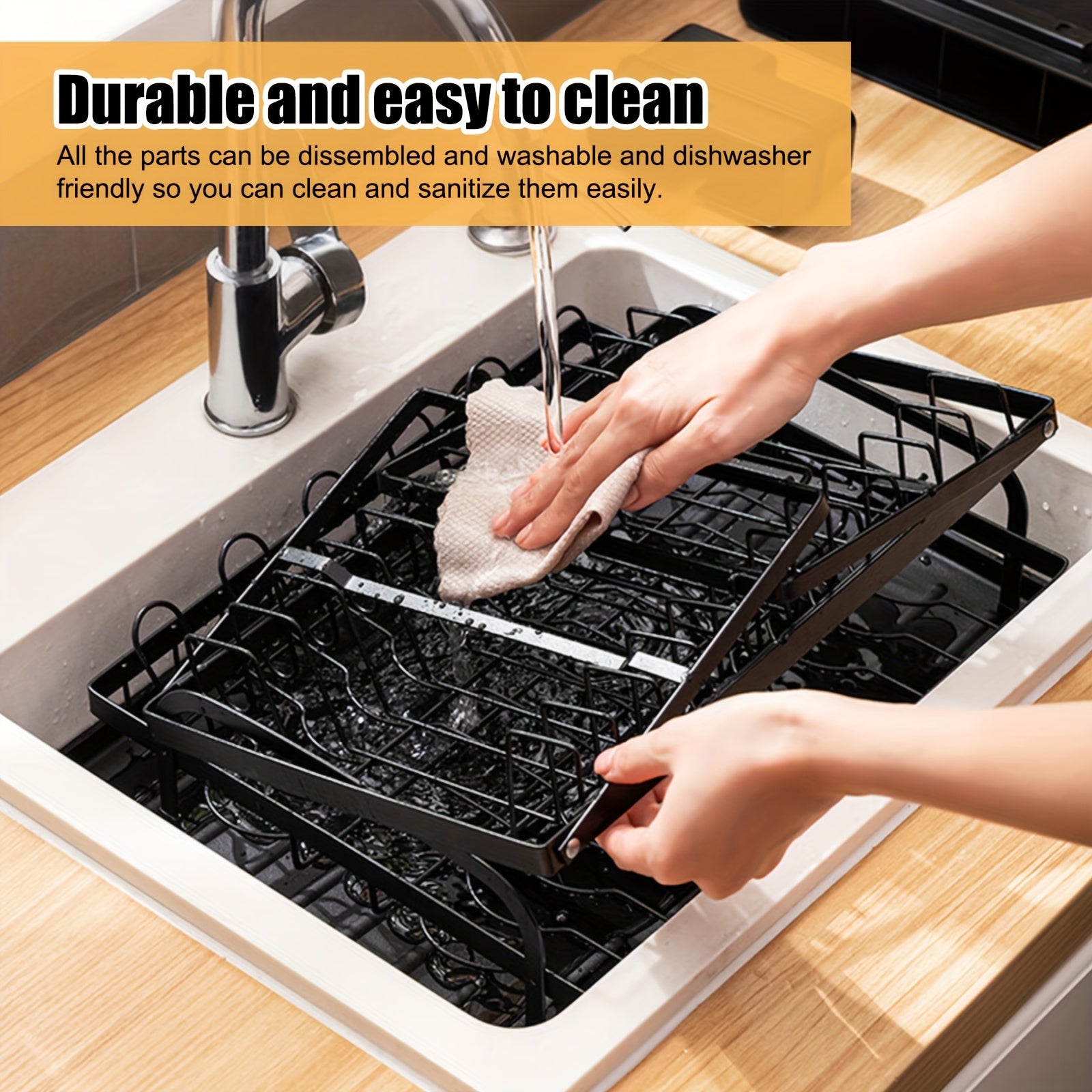 Rustproof Stainless Steel Dish Drying Rack, Dish Drying Rack for Kitchen Counter, Wine Glass Holder & Utensil Holder, Dish Racks for Kitchen Counter, Dish Drainer, Black