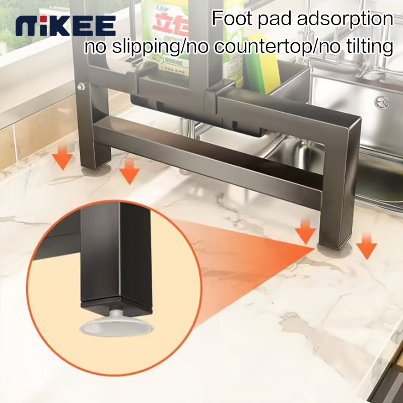 MIKEE Adjustable Over The Sink Dish Drying Rack - 2-Tier Space-Saving Kitchen Organizer with Multifunctional Baskets, Durable Plastic & Carbon Steel Construction, Black, Over Sink Storage | Sleek Black Rack | Innovative Design