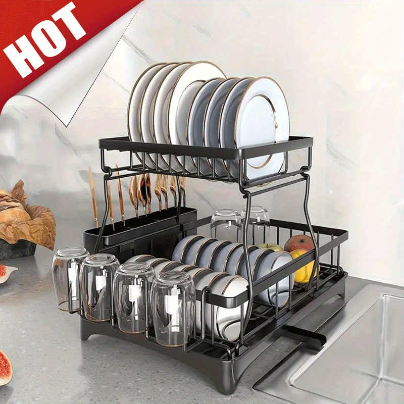 Double Dish Rack for Double Countertops Is Here! It Has a Unique 360° Drainage Function, Tableware Can Dry Quickly. The Drain Tray with The Cutlery Rack And 4 Cup Holders Is Placed Directly Above The Sink, Whether It Is a Dish Or a Cup, It Can Easily