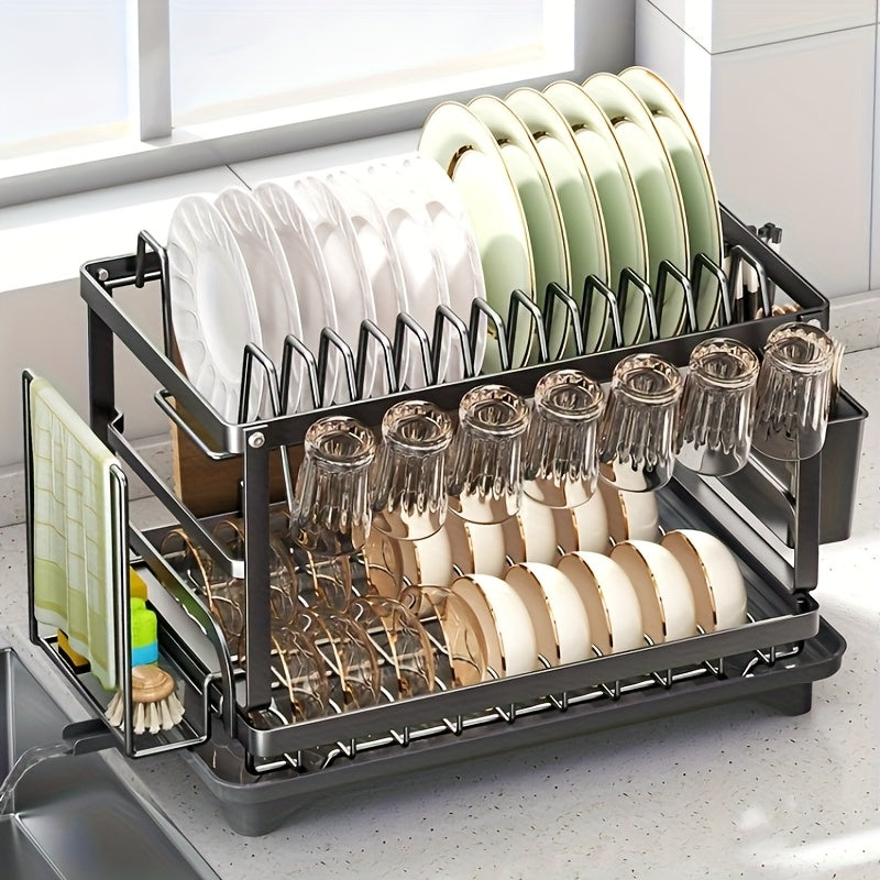 Large Capacity Double-Layer Dish Drying Rack - Carbon Steel Kitchen Organizer with Towel & Cup Holders, Space-Saving Countertop Storage for Plates, Bowls, Glasses & Utensils, Dish Drying Rack for Kitchen Counter, Compact Design, Durable Construction,