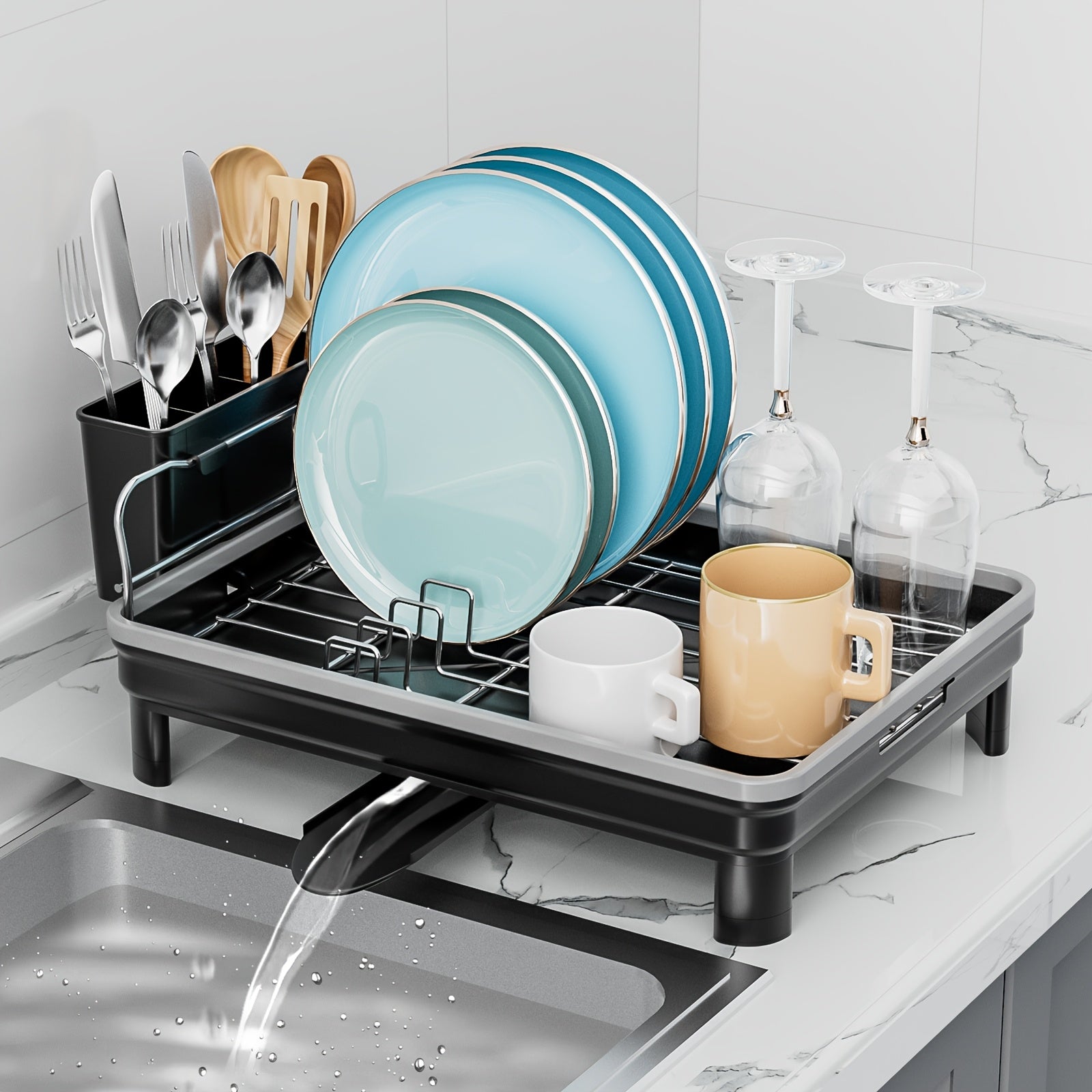 [Retractable Dish Rack] SANDREAM 1pc Multifunctional Retractable Dish Draining Rack | Anti-Rust Plastic & Metal Kitchen Organizer with Cutlery & Cup Holders, Space-Saving Countertop Drying Mat for Modern Homes, Sturdy Construction, Dish Drying Rack