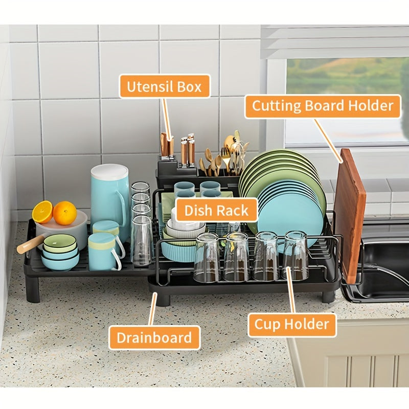 [Retractable Dish Rack] SANDREAM 1pc Multifunctional Retractable Dish Draining Rack | Anti-Rust Plastic & Metal Kitchen Organizer with Cutlery & Cup Holders, Space-Saving Countertop Drying Mat for Modern Homes, Sturdy Construction, Dish Drying Rack