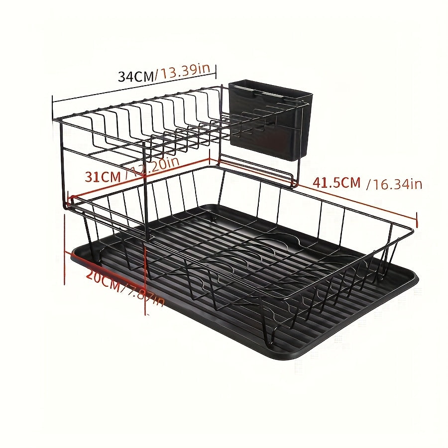 1pc Metal 1/2-Layer Bowl & Dish Rack - Space-Saving Countertop Organizer with Drain Basket, Chopsticks Holder & Cutlery Storage for Home & Restaurant Kitchen Sink Areas, Contemporary Kitchenware, Efficient Water Drainage