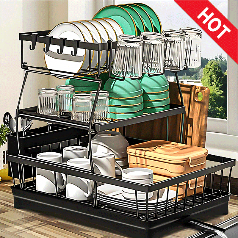 Double Dish Rack for Double Countertops Is Here! It Has a Unique 360° Drainage Function, Tableware Can Dry Quickly. The Drain Tray with The Cutlery Rack And 4 Cup Holders Is Placed Directly Above The Sink, Whether It Is a Dish Or a Cup, It Can Easily