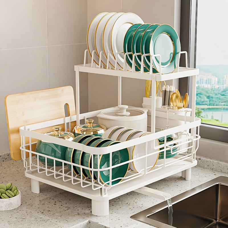 2Tier Large Dish Drying Rack - Rotatable Drain Spout Dish Rack With Drainboard, Utensil Holder, Chopstick Holder Multifunctional Dish Rack For Kitchen Counter