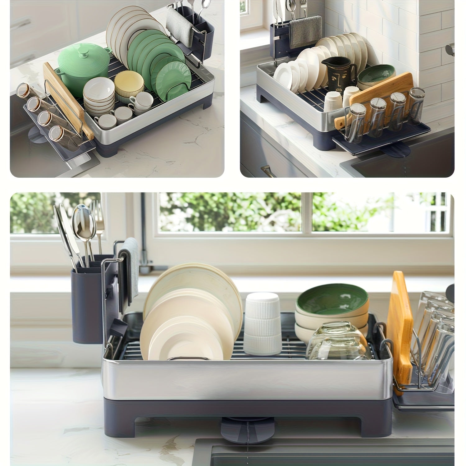 [Heavy-Duty Dish Drying Rack] Extra Large Heavy-Duty Dish Drying Rack with Rotatable Spout & Drainboard - 12.5x22.5 Inch Space-Saving Kitchen Organizer, Dish Drainer with Utensil, Cup, Glass, Cutting Board, Pan Holders - Fits Modern or Traditional