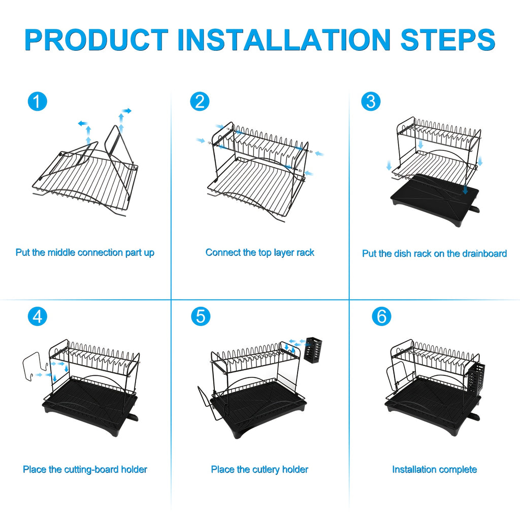2/3-Tier Large Dish Drying Rack with Drainboard - Heavy-Duty Iron Kitchen Organizer for Dishes, Utensils, Cups & Knives - Space-Saving Countertop Storage with Lower Compartment & Ergonomic Design