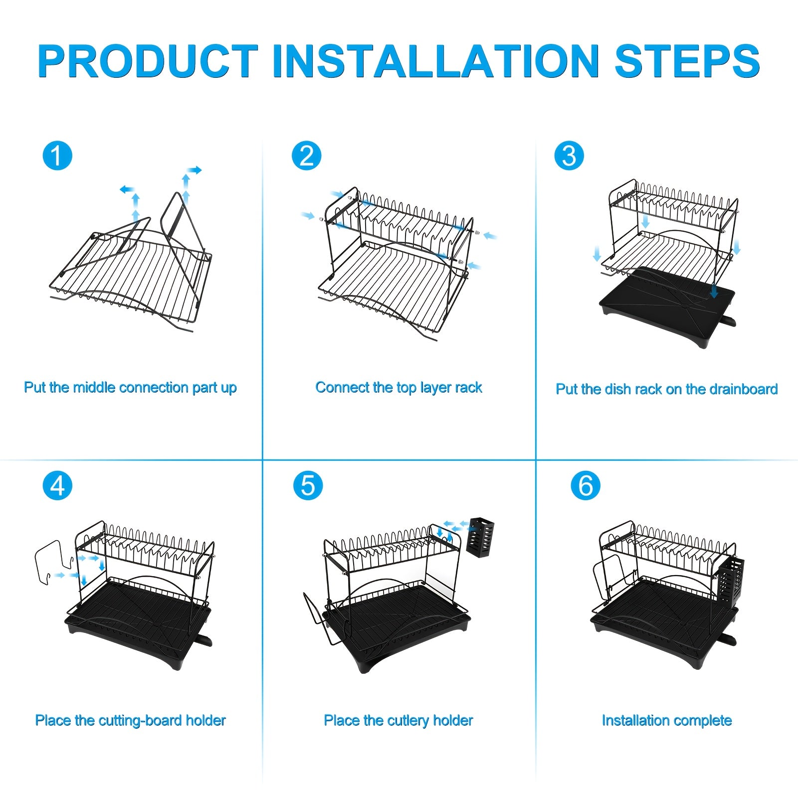 2/3-Tier Large Dish Drying Rack with Drainboard - Heavy-Duty Iron Kitchen Organizer for Dishes, Utensils, Cups & Knives - Space-Saving Countertop Storage with Lower Compartment & Ergonomic Design