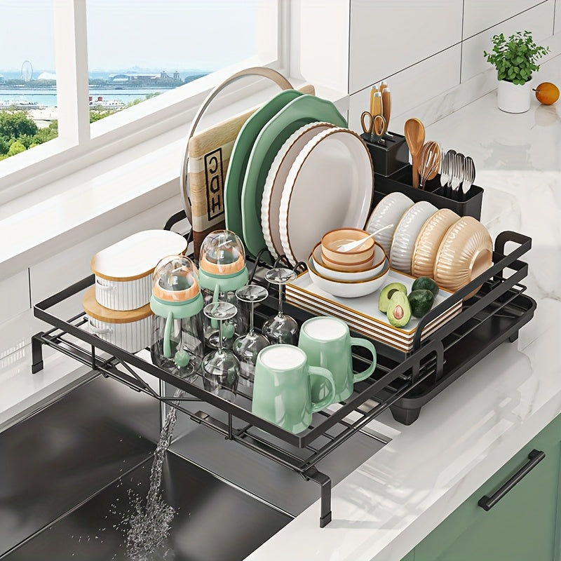 2-in-1 Expandable Rust-Resistant Metal Dish Drying Rack with Pan Slots, Utensil Holder, and Drainboard for Space-Saving Kitchen Counter and Sink Organization
