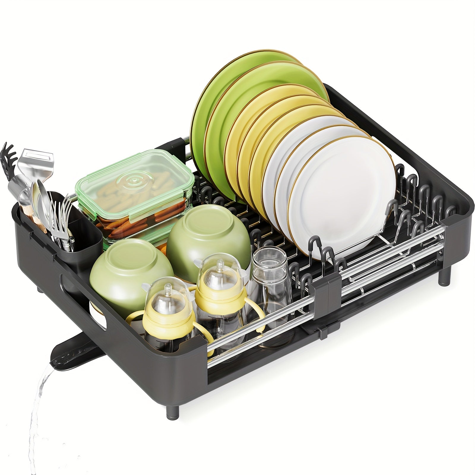 [Adjustable KINGRACK Rack] KINGRACK Adjustable Dish Drying Rack | Extendable, Two-Tiered with Non-Scratch Drainers, Movable Utensil Holder, and Drainage Spout | Ideal for Plates, Bowls, Cups & Pots, Dish Drying Rack for Kitchen Counter