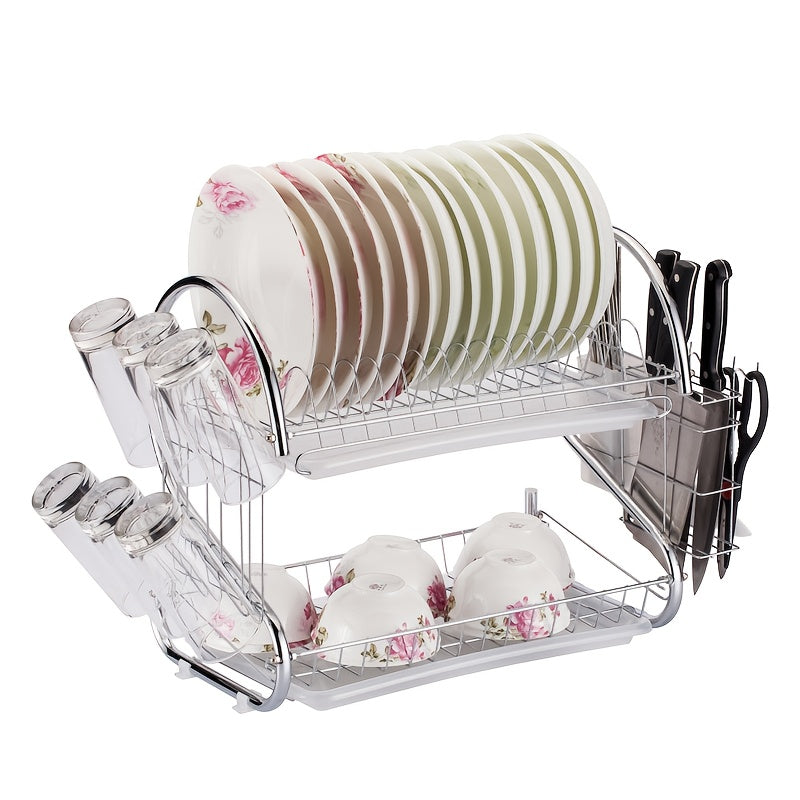 2-Tier Stainless Steel Dish Drying Rack with Cutlery & Cup Holders, Space-Saving Compact Kitchen Organizer, Heavy-Duty Rust-Resistant Design with Drainage System for Small Kitchens, Dishwasher Safe & Easy to Clean Countertop Storage