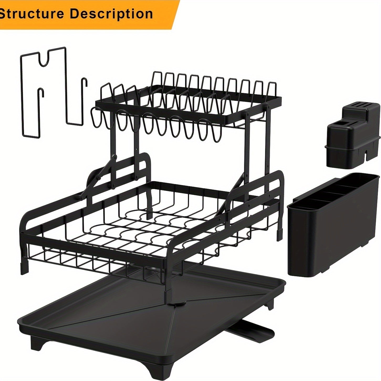 Space-Saving 2-Tier Deluxe Dish Rack Organizer with Easy Drain System, Cutlery and Cup Holders, Black