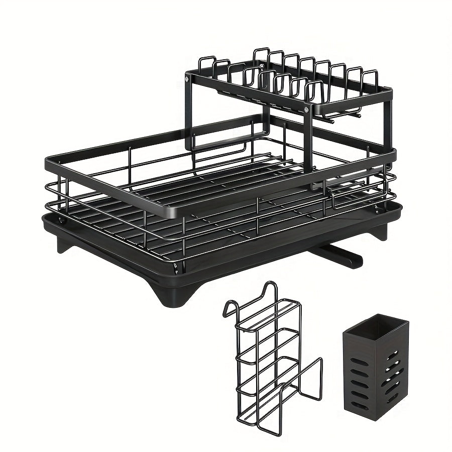 Deluxe 2-Tier Metal Dish Drying Rack - Freestanding Kitchen Rack with Automatic Water Drainage, Bowl and Chopstick Holder, Knife Slot, Board Stand - Rustproof, High Capacity, Easy Cleaning