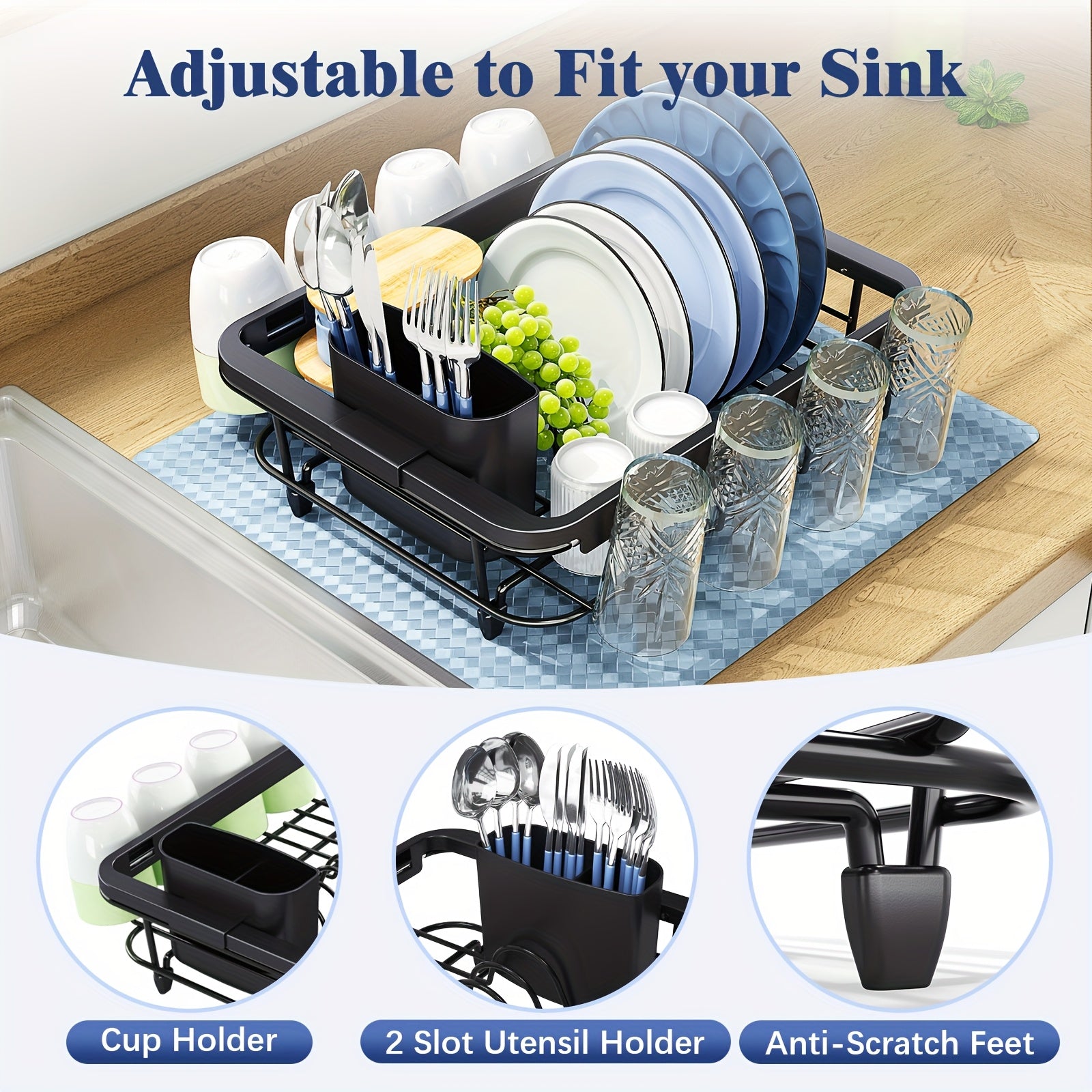KINGRACK Expandable Dish Rack with Utensil Holder, Adjustable Over-the-Sink or Countertop Design, Rustproof Metal Kitchen Organizer for Plates, Cups & Utensils, Food-Safe, Perfect for Holidays & Everyday Use, Countertop Dish Rack | Sleek Dish Holder |