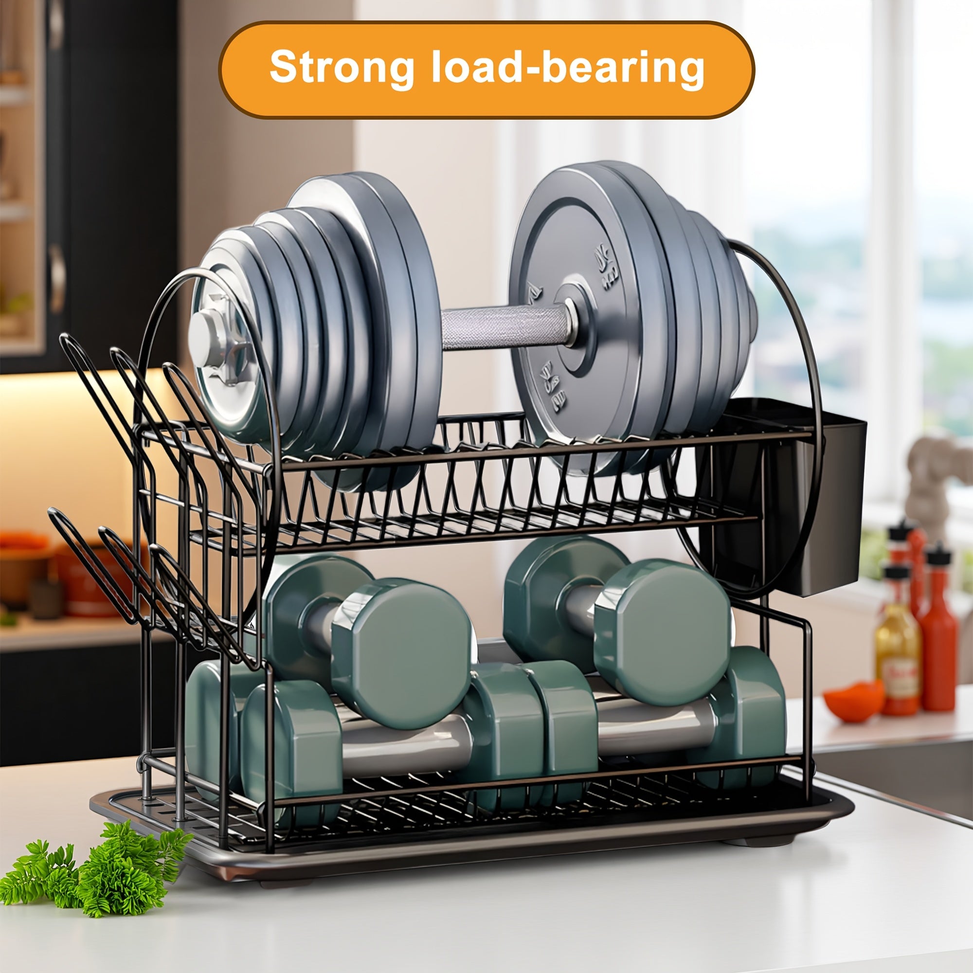 1pc Dish Drying Rack 2 Tier, Black Dish Rack With DrainBoard For Kitchen Countertop, Dish Drainer With Utensil Holder And Cup Holder | Space Saving | Roud Shape Decorate | Black