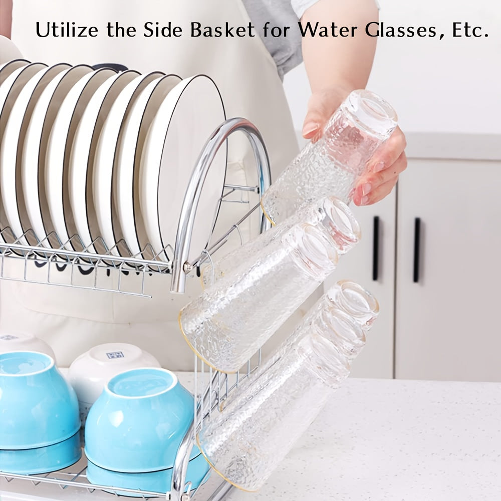 2-Tier Stainless Steel Dish Drying Rack with Cutlery & Cup Holders, Space-Saving Compact Kitchen Organizer, Heavy-Duty Rust-Resistant Design with Drainage System for Small Kitchens, Dishwasher Safe & Easy to Clean Countertop Storage