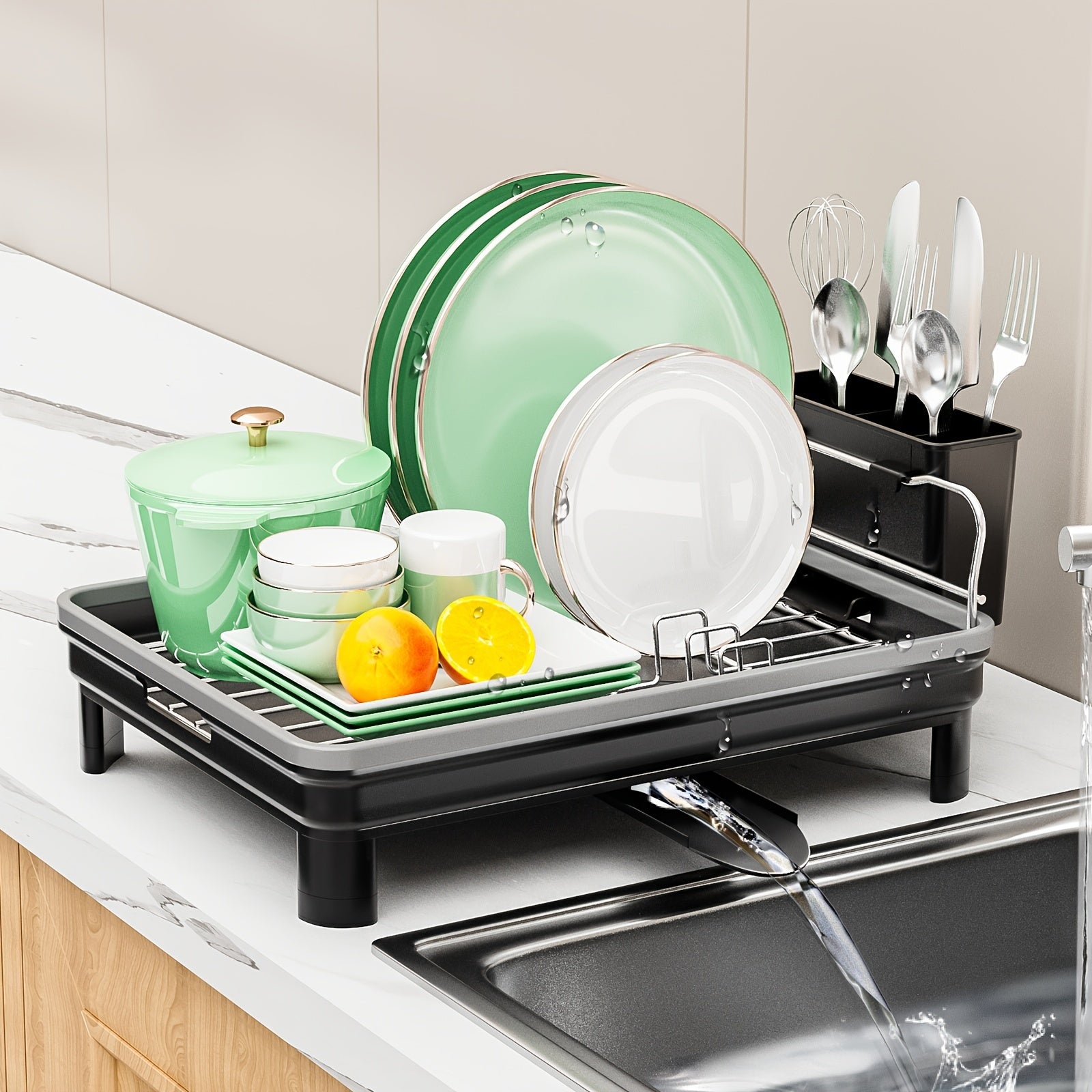 [Retractable Dish Rack] SANDREAM 1pc Multifunctional Retractable Dish Draining Rack | Anti-Rust Plastic & Metal Kitchen Organizer with Cutlery & Cup Holders, Space-Saving Countertop Drying Mat for Modern Homes, Sturdy Construction, Dish Drying Rack