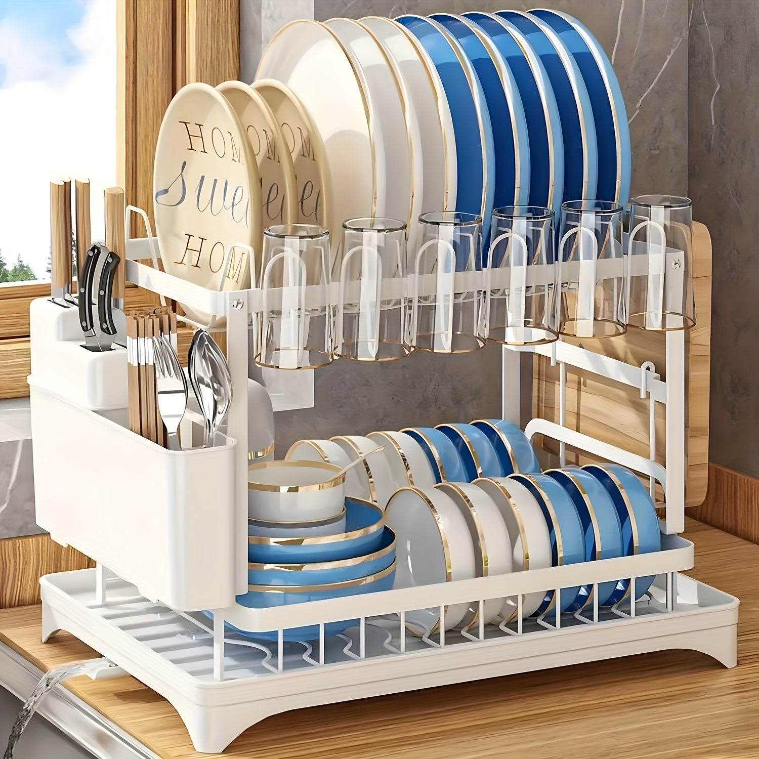 Heavy-Duty Space-Saving Dish Drying Rack - Two-Tier Kitchen Organizer with Draining Board, Sturdy Metal Construction for Plates, Bowls, Cups, Utensils - Compact Countertop Dish Rack for Home & Commercial Kitchens, Sleek Modern Design, Efficient Storage